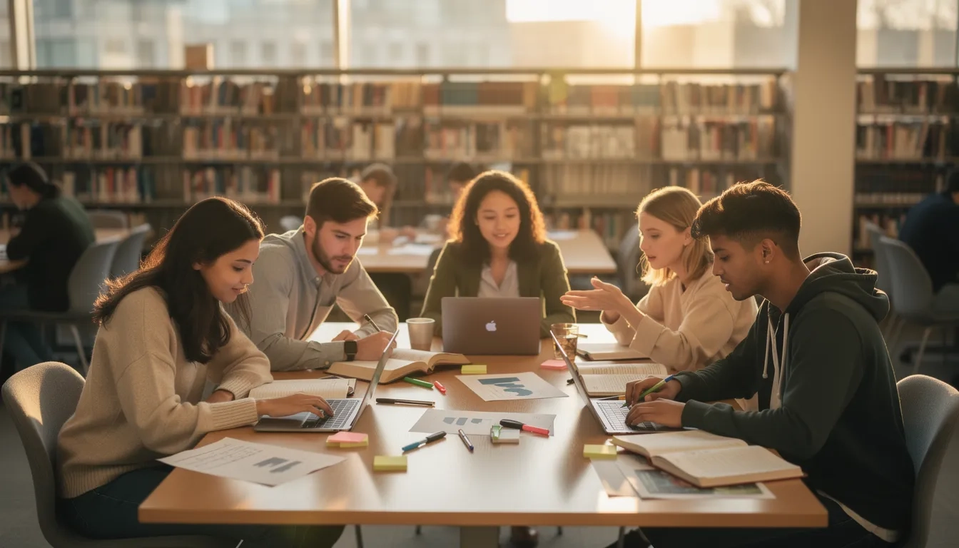 Graduate public health students studying in a university library