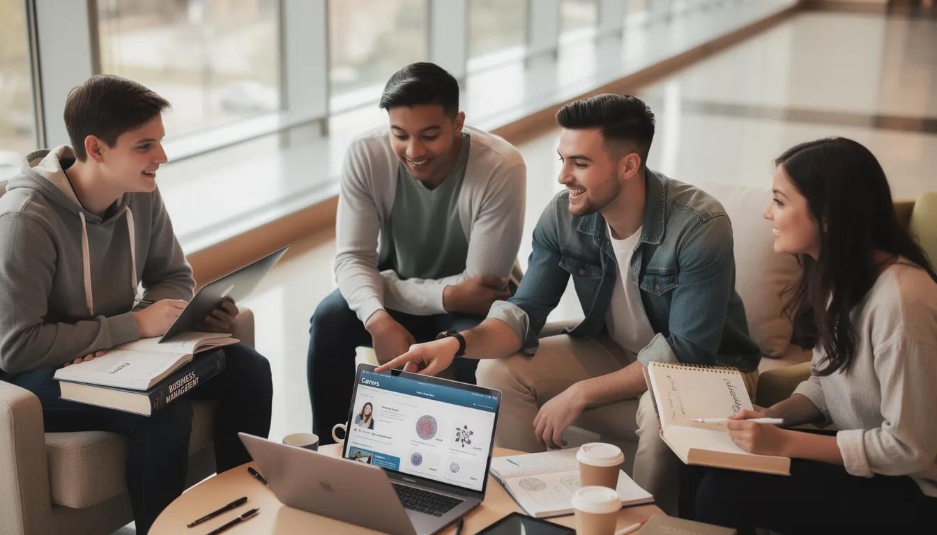 Diverse group of college students from non-CS majors collaborating on laptops in a modern university common area