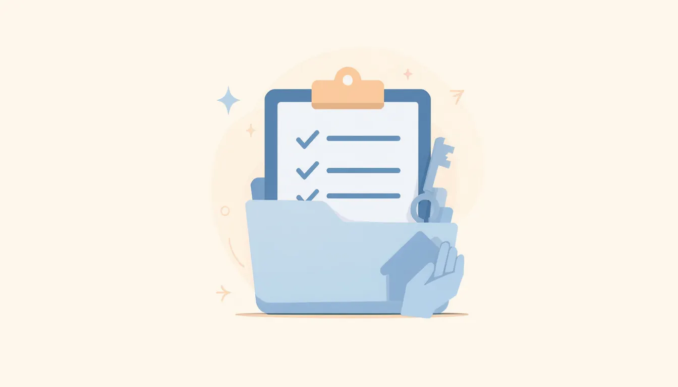 Illustration of a document folder, clipboard and house key for a community aid office