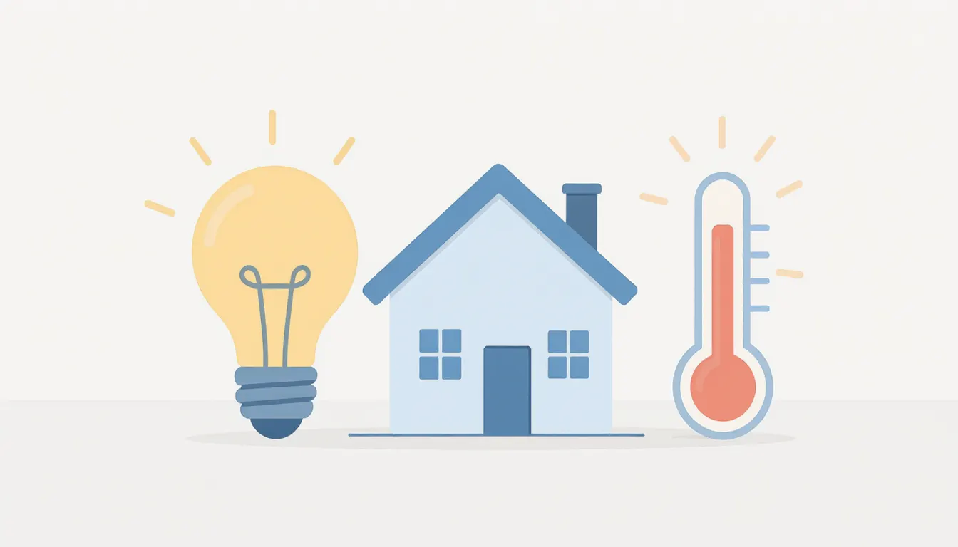 Illustration of a house, light bulb and heater representing home energy bill help