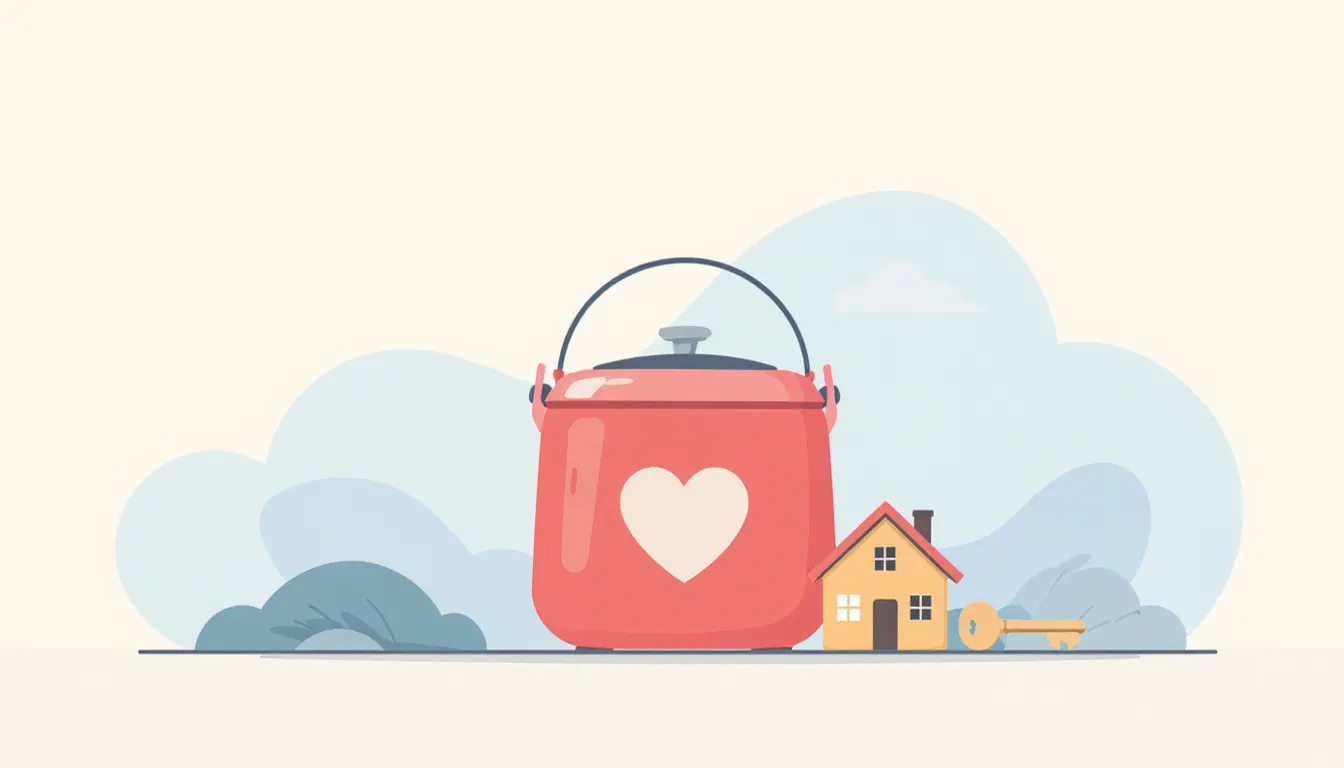 Illustration of a red charity kettle beside a small house and key