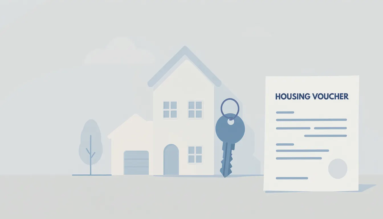 Illustration of a house, a key and a housing voucher document