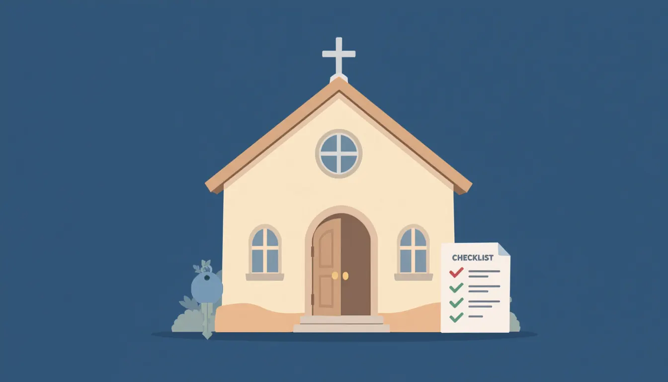 Illustration of a community church, a house key and a paper checklist