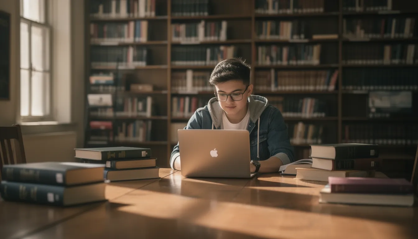 Political science student researching in a library